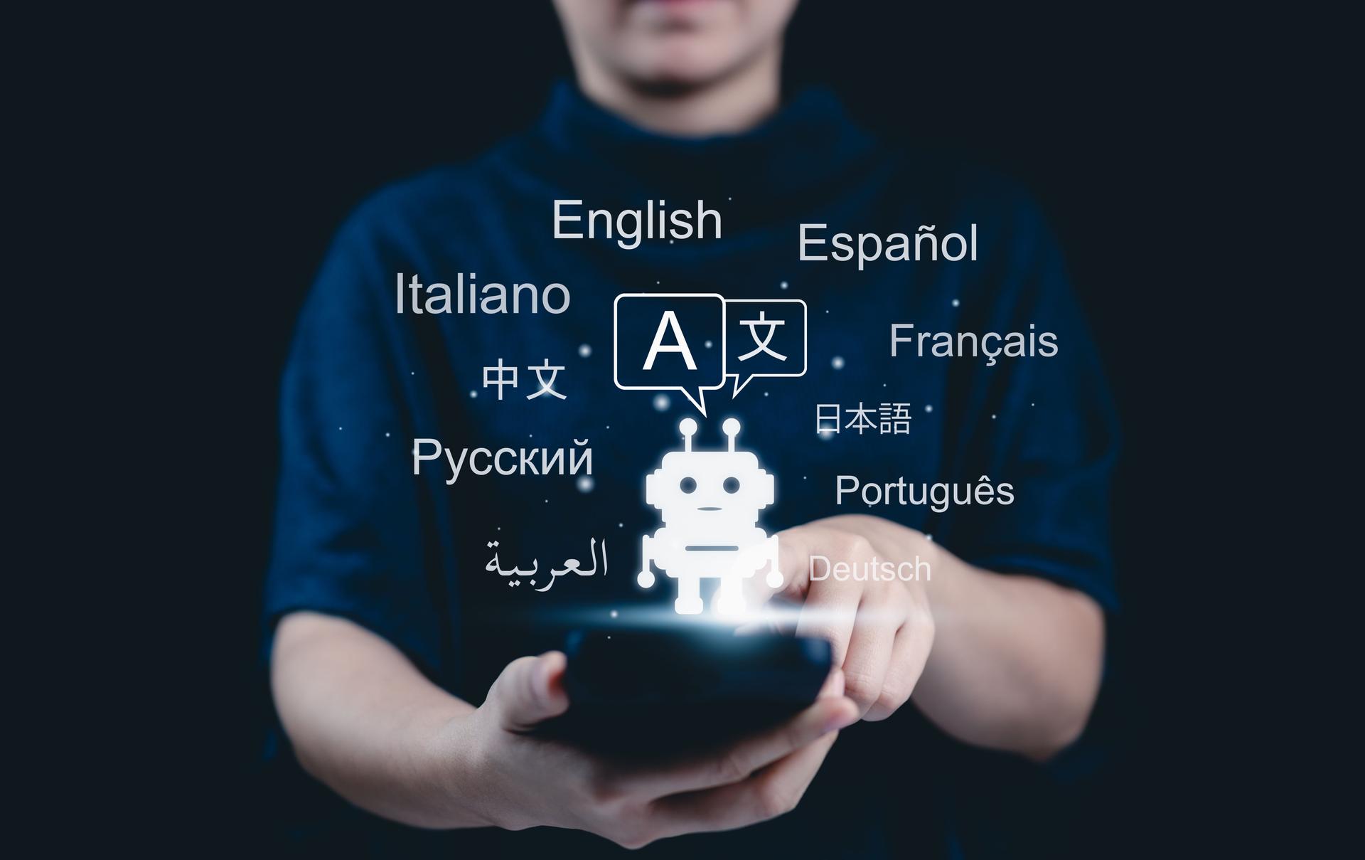 AI-Powered Language Translate App Concept. A woman holds smartphone displaying an AI powered language translation app. Screen features robot and multiple languages, global communication. multilingual,