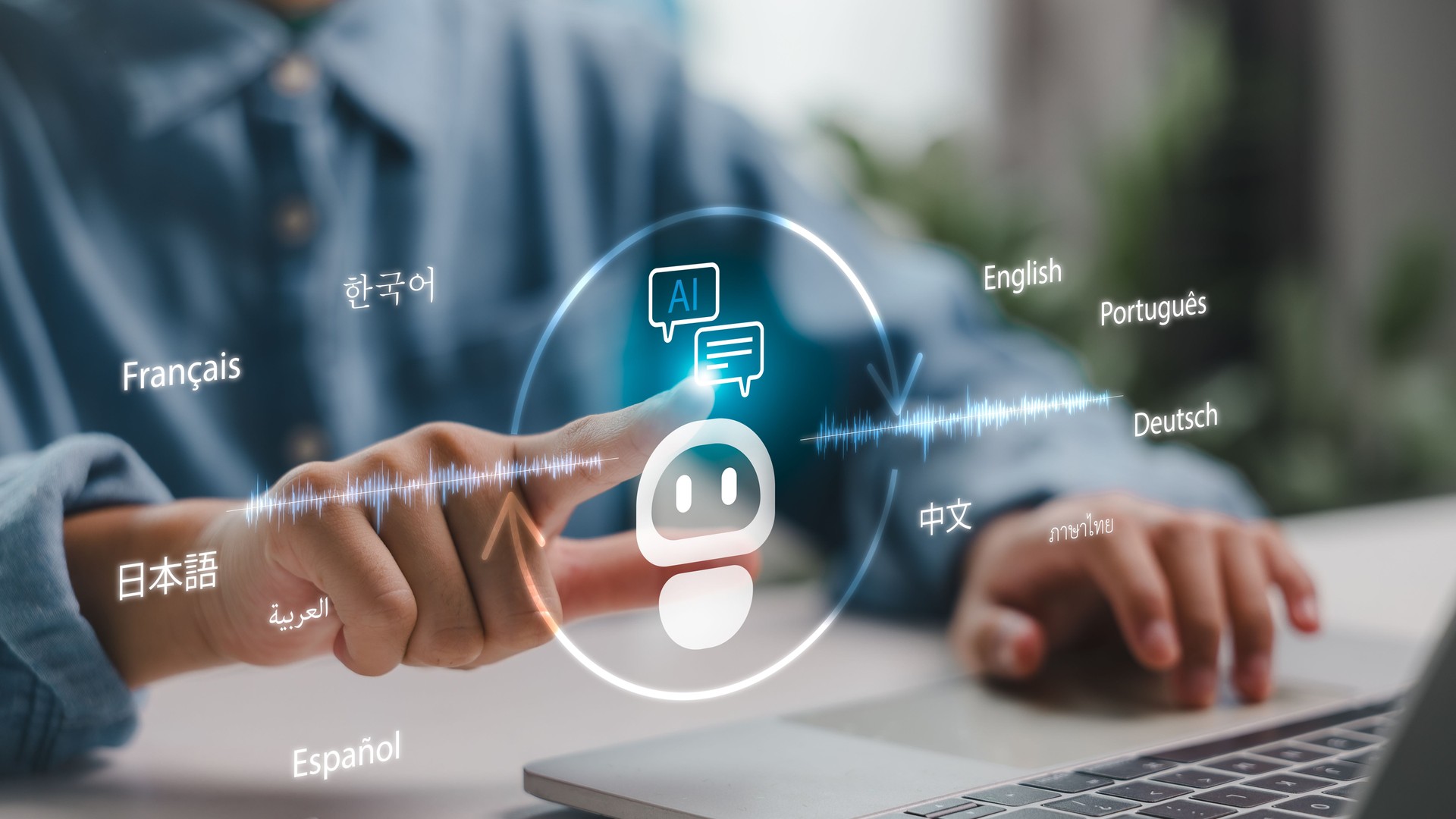 Person activating AI assistant translator via voice interface on smart device, recognizing and translating multiple languages in real time.