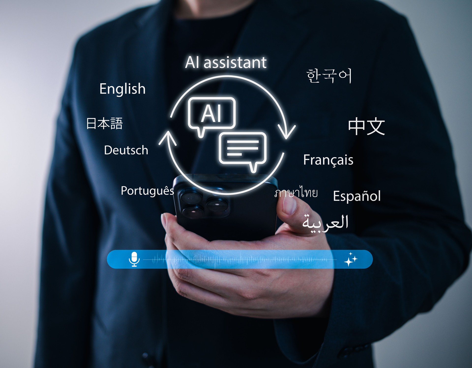 Multilingual AI assistant concept with smartphone interface, displaying speech-to-text, translation, and global communication features using artificial intelligence in various languages.