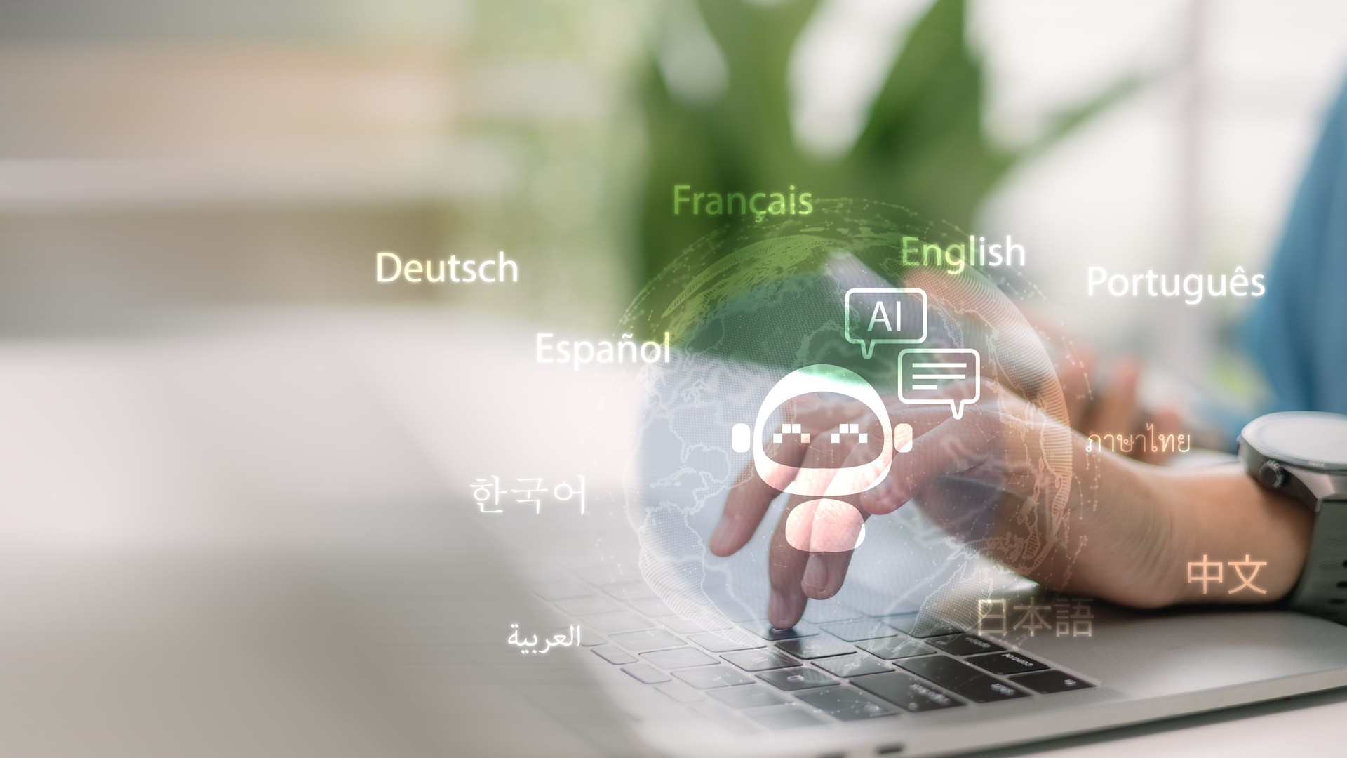 AI language translation and multilingual chatbot concept with person using laptop, digital robot icon and global communication, representing artificial intelligence in business, technology, and education.