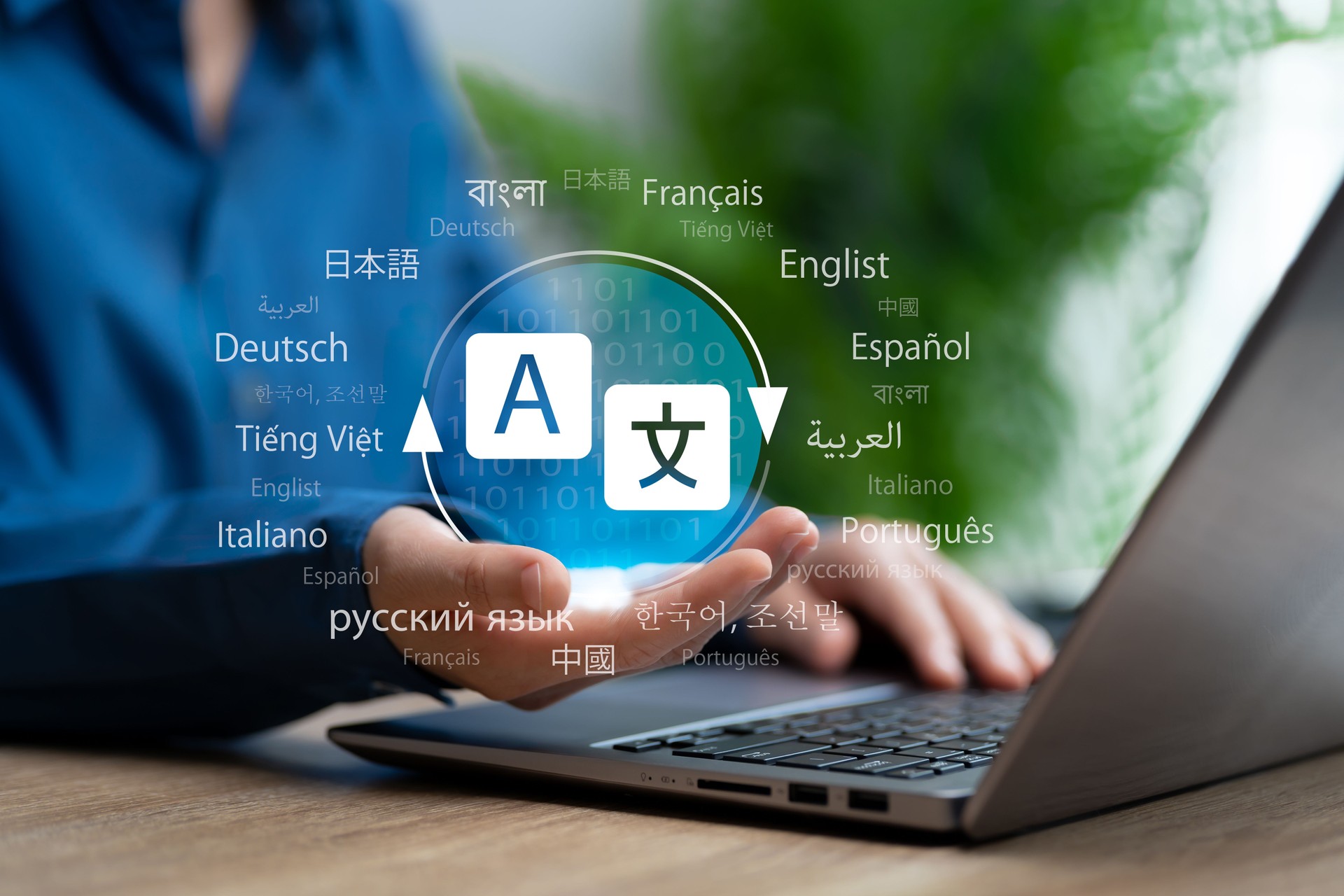 AI, Translator app and language education concept, Businesswomen use AI technology to translate languages, Automatically translation online multi-language, Worldwide language conversation
