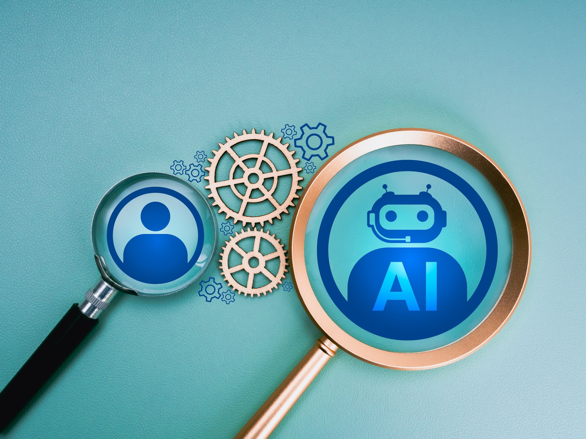 Artificial Intelligence jobs, robot career, human resource (HR), hiring, recruitment concept. AI bot icon and people symbol in magnifying glass connected by gears cogwheels on blue background.