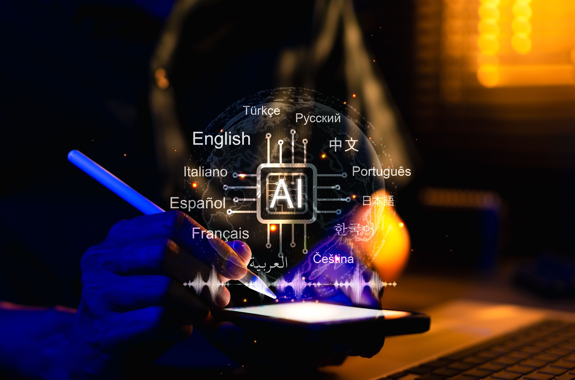 AI-Powered Language Translation Technology. Users using smartphone with AI multiple languages, artificial intelligence driven multilingual translation, global communication technology, translation app