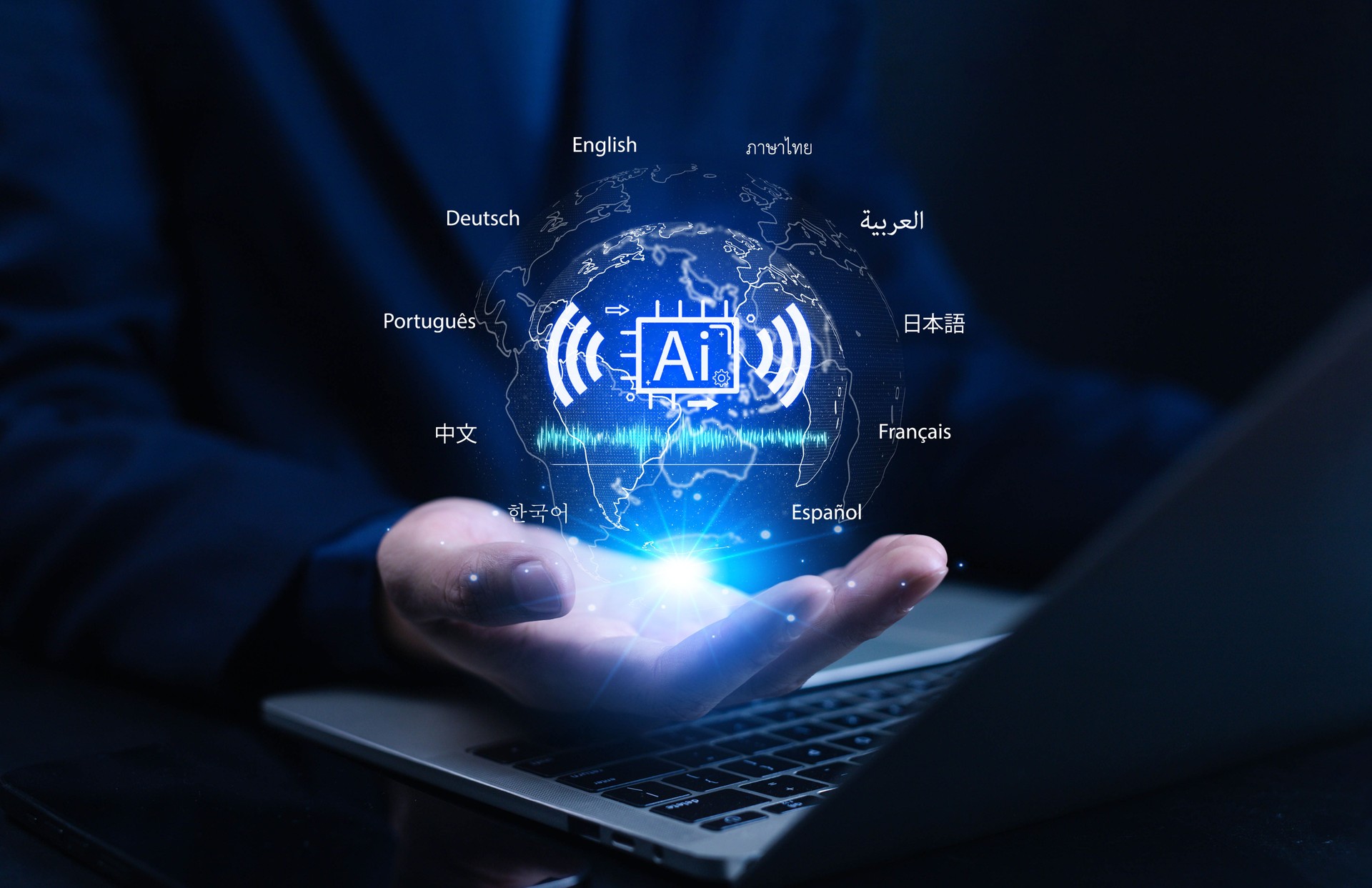 Businessman holding digital world with AI translation technology, multilingual communication and world language learning concept for business, education and AI technology innovation.